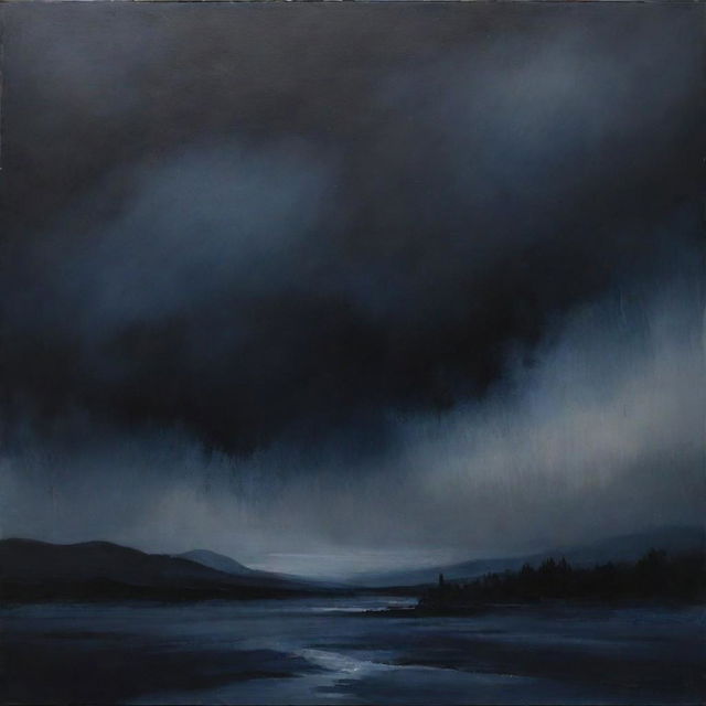 A moody painting capturing the gloom of sad, dark skies that fill the canvas with shades of black, indigo, and grey, creating a melancholic atmosphere.