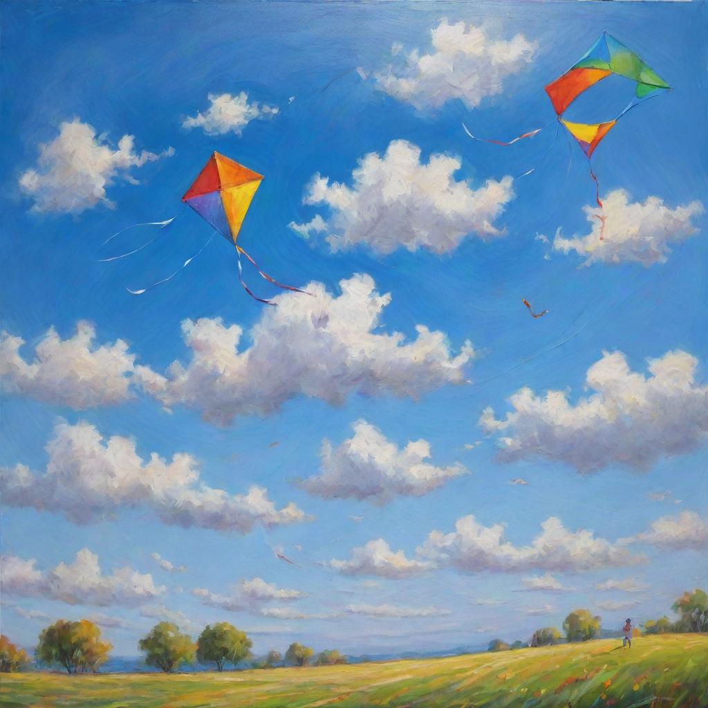 An uplifting painting of a bright blue sky, dotted with fluffy white clouds, and a colorful kite dancing in the wind.