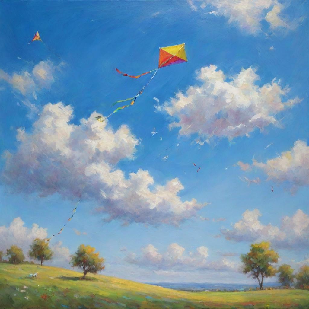 An uplifting painting of a bright blue sky, dotted with fluffy white clouds, and a colorful kite dancing in the wind.