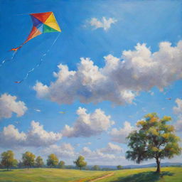 An uplifting painting of a bright blue sky, dotted with fluffy white clouds, and a colorful kite dancing in the wind.