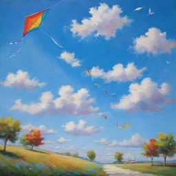 An uplifting painting of a bright blue sky, dotted with fluffy white clouds, and a colorful kite dancing in the wind.