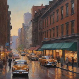 A nostalgic painting of an old New York street, capturing the charm of vintage architecture, bustling pedestrians, and retro automobiles under soft evening light.