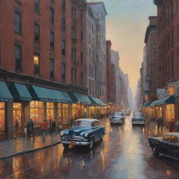 A nostalgic painting of an old New York street, capturing the charm of vintage architecture, bustling pedestrians, and retro automobiles under soft evening light.