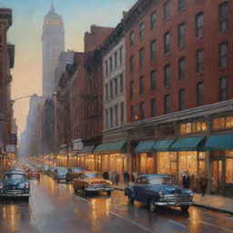 A nostalgic painting of an old New York street, capturing the charm of vintage architecture, bustling pedestrians, and retro automobiles under soft evening light.