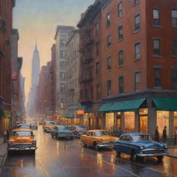 A nostalgic painting of an old New York street, capturing the charm of vintage architecture, bustling pedestrians, and retro automobiles under soft evening light.