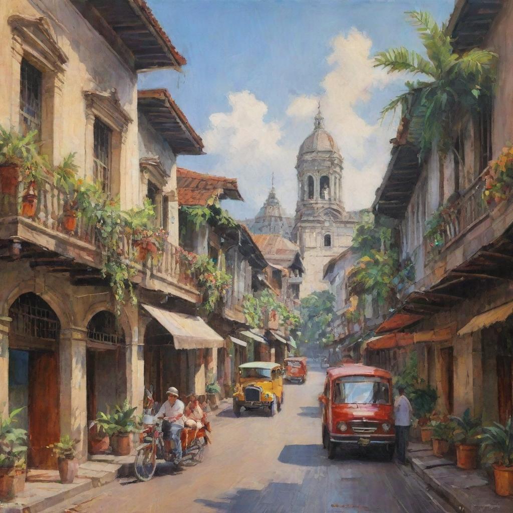 A picturesque painting of old Manila, Philippines, showcasing its traditional Spanish-inspired architecture, vibrant street life, and the daily hustle and bustle amidst lush tropical plants.