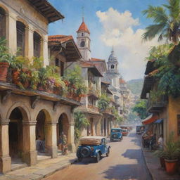 A picturesque painting of old Manila, Philippines, showcasing its traditional Spanish-inspired architecture, vibrant street life, and the daily hustle and bustle amidst lush tropical plants.