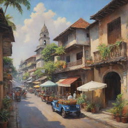 A picturesque painting of old Manila, Philippines, showcasing its traditional Spanish-inspired architecture, vibrant street life, and the daily hustle and bustle amidst lush tropical plants.