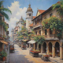 A picturesque painting of old Manila, Philippines, showcasing its traditional Spanish-inspired architecture, vibrant street life, and the daily hustle and bustle amidst lush tropical plants.