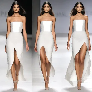 The designer showcased a stunning dress with a differential hemline, creating a striking contrast between the lengths and adding a unique touch to the overall look.