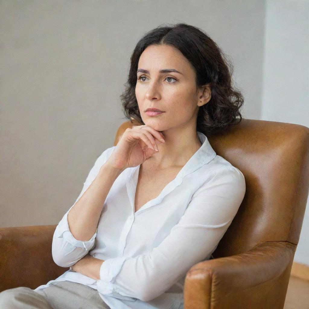 A woman intensely engrossed in thought, seated comfortably in a chair.