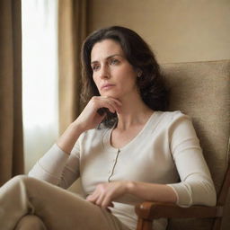 A woman intensely engrossed in thought, seated comfortably in a chair.