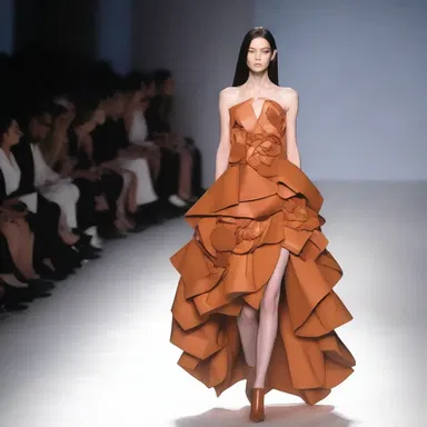 The designer showcased a unique and avant-garde burn bag-inspired dress on the runway.