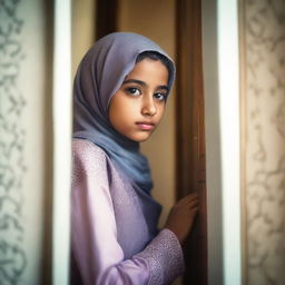 A Muslim girl, wearing a traditional hijab, is looking out of her bedroom door