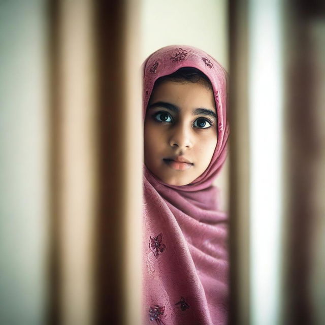 A Muslim girl, wearing a traditional hijab, is looking out of her bedroom door