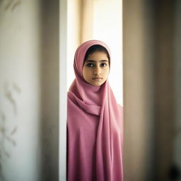 A Muslim girl, wearing a traditional hijab, is looking out of her bedroom door