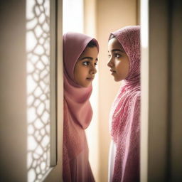 A Muslim girl, wearing a traditional hijab, is looking out of her bedroom door