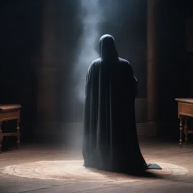 The conjurer captivated the audience with a terrifying illusion, making a ghostly figure appear out of thin air.