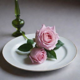 A sophisticated display of exquisite musk resting in a plate, with a single pink rose gracing a slender vase.