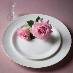 A sophisticated display of exquisite musk resting in a plate, with a single pink rose gracing a slender vase.