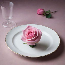 A sophisticated display of exquisite musk resting in a plate, with a single pink rose gracing a slender vase.