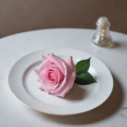 A sophisticated display of exquisite musk resting in a plate, with a single pink rose gracing a slender vase.