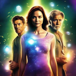 Realistic movie poster featuring a main character with glowing stones and three individuals standing behind her.