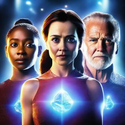 Realistic movie poster featuring a main character with glowing stones and three individuals standing behind her.