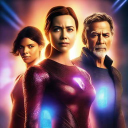 Realistic movie poster featuring a main character with glowing stones and three individuals standing behind her.