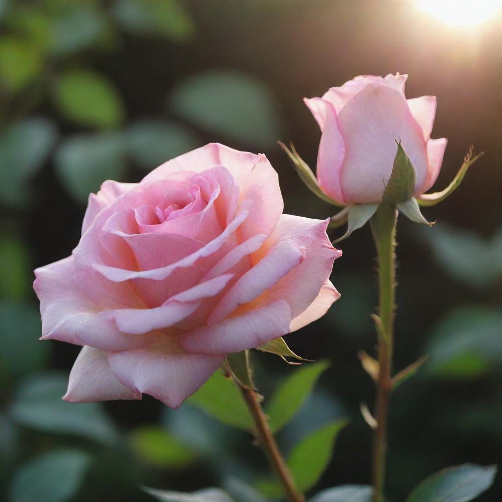 An enchanting image showcasing musk and a solitary pink rose illuminated by soft sun rays.