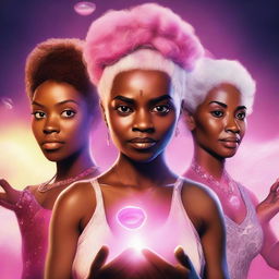 Realistic movie poster featuring a main character with brown skin and pink/white hair holding four brightly glowing stones, with three other characters standing behind her