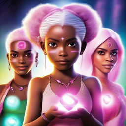 Realistic movie poster featuring a main character with brown skin and pink/white hair holding four brightly glowing stones, with three other characters standing behind her