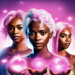 Realistic movie poster featuring a main character with brown skin and pink/white hair holding four brightly glowing stones, with three other characters standing behind her