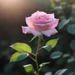 An enchanting image showcasing musk and a solitary pink rose illuminated by soft sun rays.