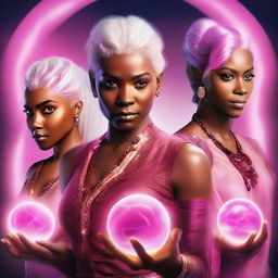 Realistic movie poster featuring a main character with brown skin and pink/white hair holding four brightly glowing stones, with three other characters standing behind her