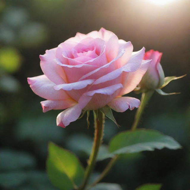 An enchanting image showcasing musk and a solitary pink rose illuminated by soft sun rays.