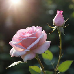 An enchanting image showcasing musk and a solitary pink rose illuminated by soft sun rays.