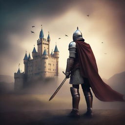 Create an image of a book cover in a classic style, featuring a mysterious castle in the background and a brave knight in the foreground