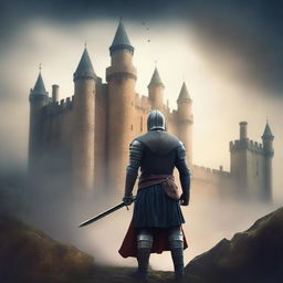 Create an image of a book cover in a classic style, featuring a mysterious castle in the background and a brave knight in the foreground