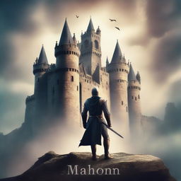 Create an image of a book cover in a classic style, featuring a mysterious castle in the background and a brave knight in the foreground