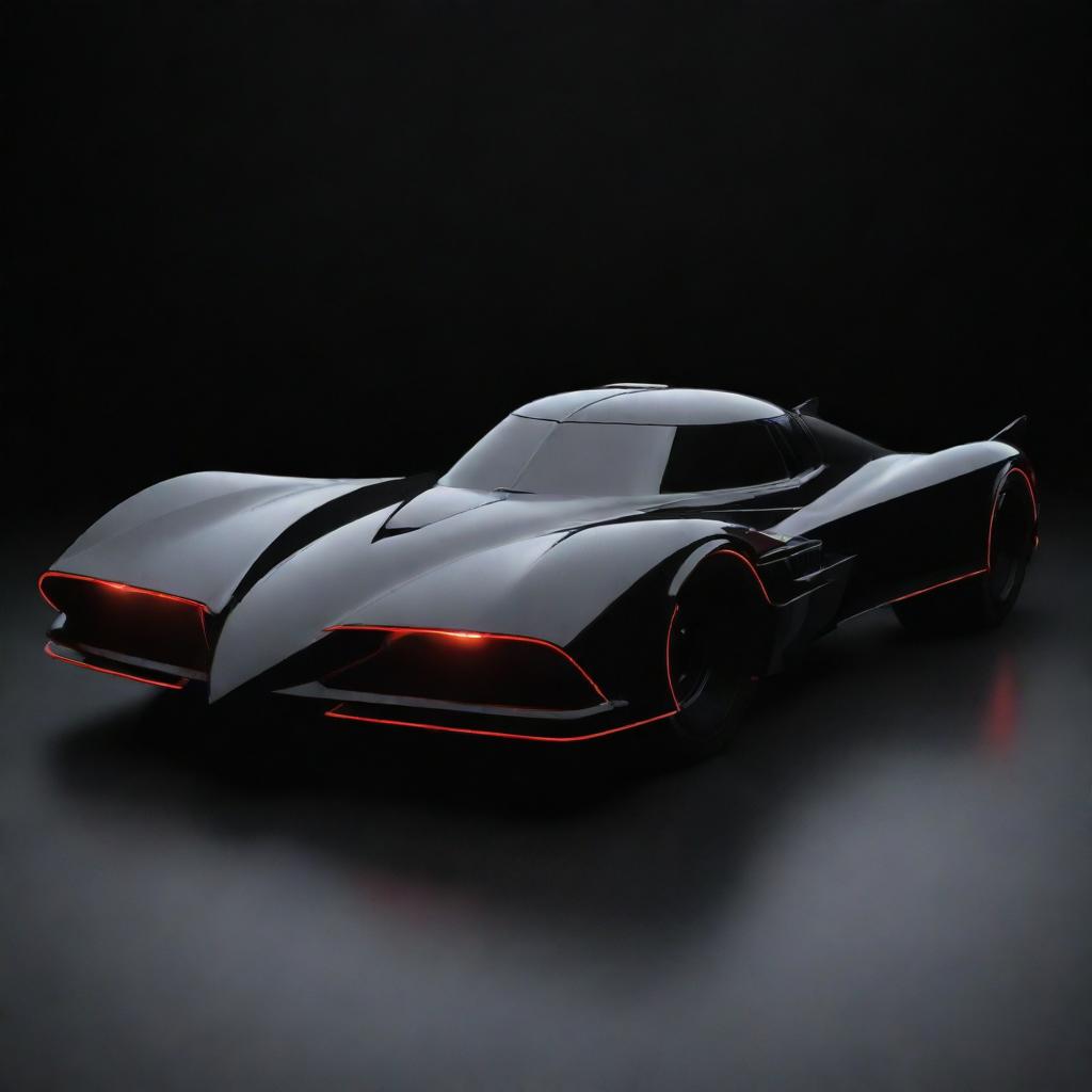 The iconic Batmobile from the Batman series, sleek and black, with futuristic design elements and glowing bat symbols.