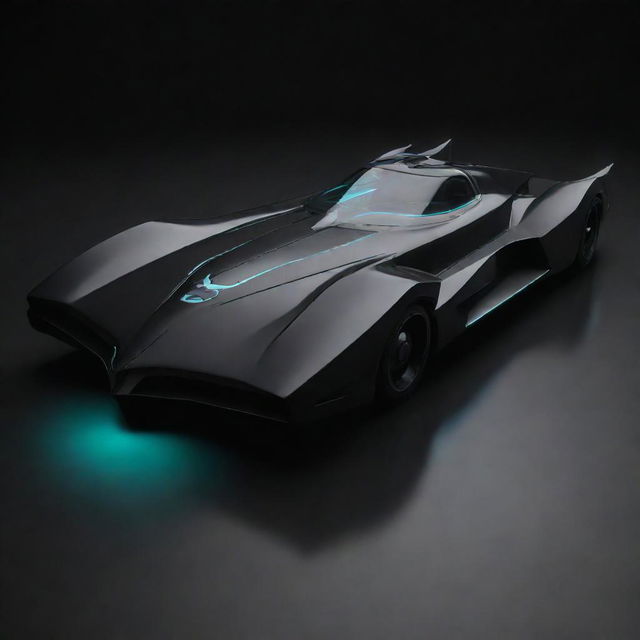 The iconic Batmobile from the Batman series, sleek and black, with futuristic design elements and glowing bat symbols.