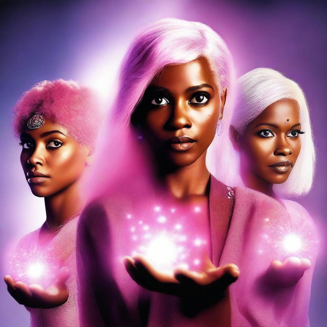 Realistic movie poster featuring a main character with brown skin and pink/white hair holding four brightly glowing stones, with three other characters standing behind her