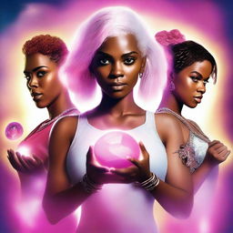 Realistic movie poster featuring a main character with brown skin and pink/white hair holding four brightly glowing stones, with three other characters standing behind her