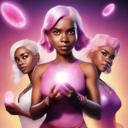 Realistic movie poster featuring a main character with brown skin and pink/white hair holding four brightly glowing stones, with three other characters standing behind her