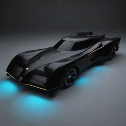 The iconic Batmobile from the Batman series, sleek and black, with futuristic design elements and glowing bat symbols.