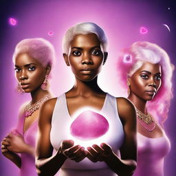 Realistic movie poster featuring a main character with brown skin and pink/white hair holding four brightly glowing stones, with three other characters standing behind her