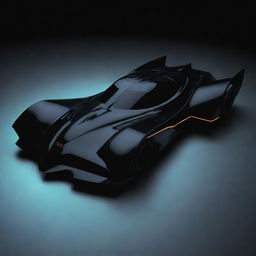 The iconic Batmobile from the Batman series, sleek and black, with futuristic design elements and glowing bat symbols.