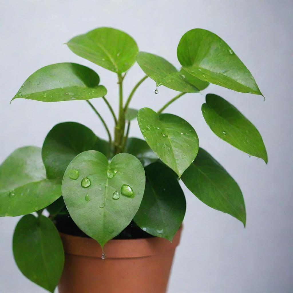 A water can gently showering a money plant, with droplets of water falling on the vibrant green leaves, all set in a soothing environment