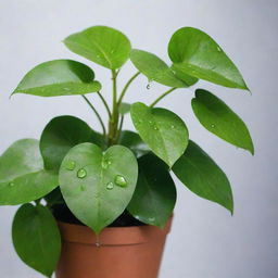 A water can gently showering a money plant, with droplets of water falling on the vibrant green leaves, all set in a soothing environment